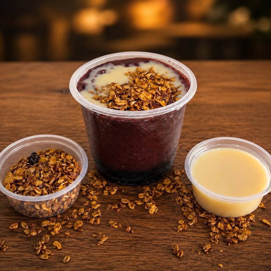 Açaí do Muleke, cremoso e bem servido. Acompanhamentos enviados separadamente em potes de 75ml.
