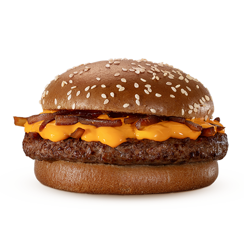 Um hambúrguer (100% carne bovina), molho lácteo com queijo tipo cheddar, cebola ao molho shoyu e pão escuro com gergelim.