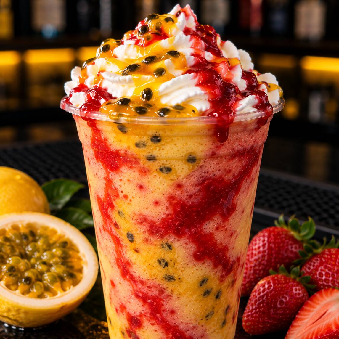 Nevada Maracujá com Morango 700ml 💛🍓❄️
Bebida alcoólica supergelada em textura de raspadinha, combinando o sabor tropical e azedinho do maracujá com o toque docinho do morango. Servida no copão de 700ml e finalizada com chantilly. Refrescante, frutada e perfeita para quem ama aquela mistura de doce com azedinho!