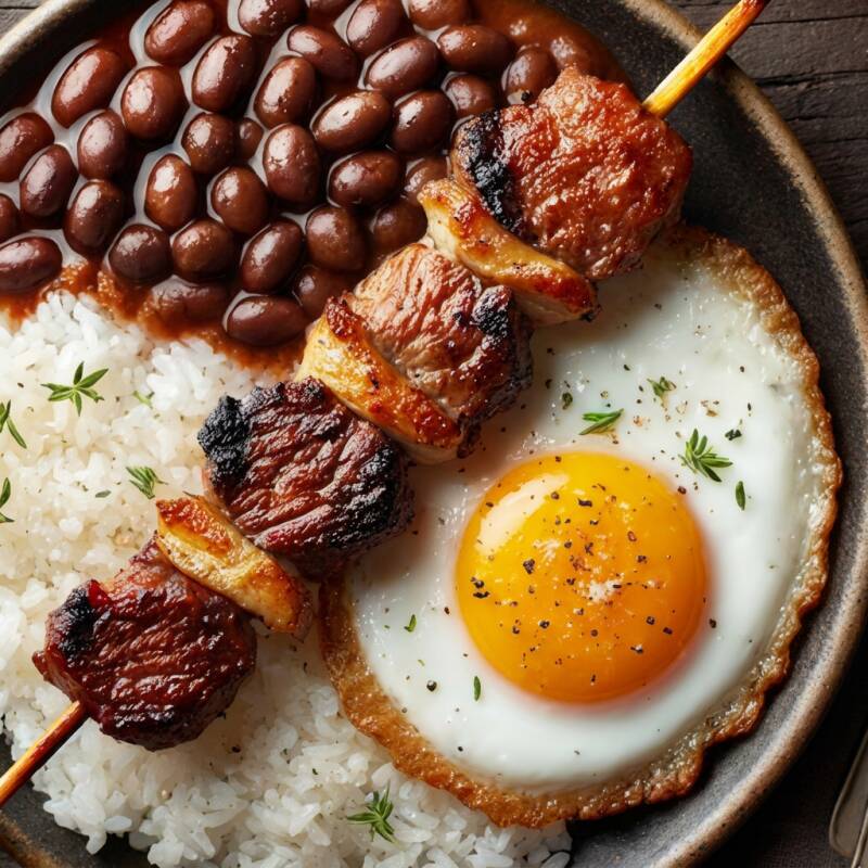Espeto de Alcatra, Arroz, Feijão e Ovo Frito