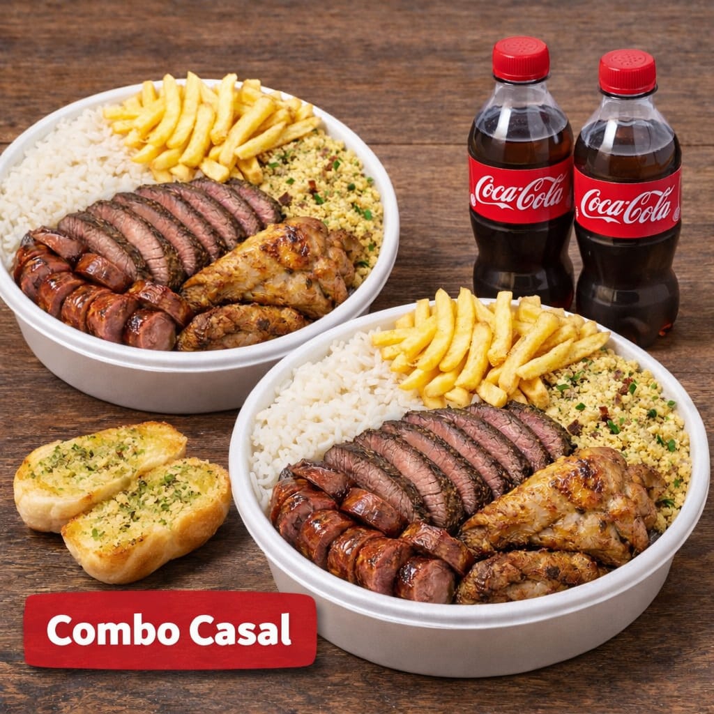 2 marmitex churrasco completo + 2 coca-cola pet + 1 pão de alho, acompanha arroz, carne de alcatra fatiada, linguiça saína fatiada, 1 coxinha da asa, farofa, batata frita e vinagrete.