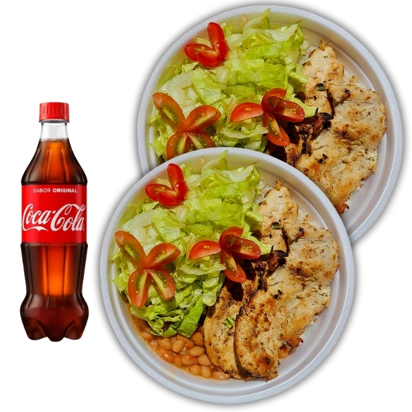 Dois filés grelhados no ponto certo, salada fresca, arroz soltinho, feijão caseiro e Coca-Cola 600ml pra completar
