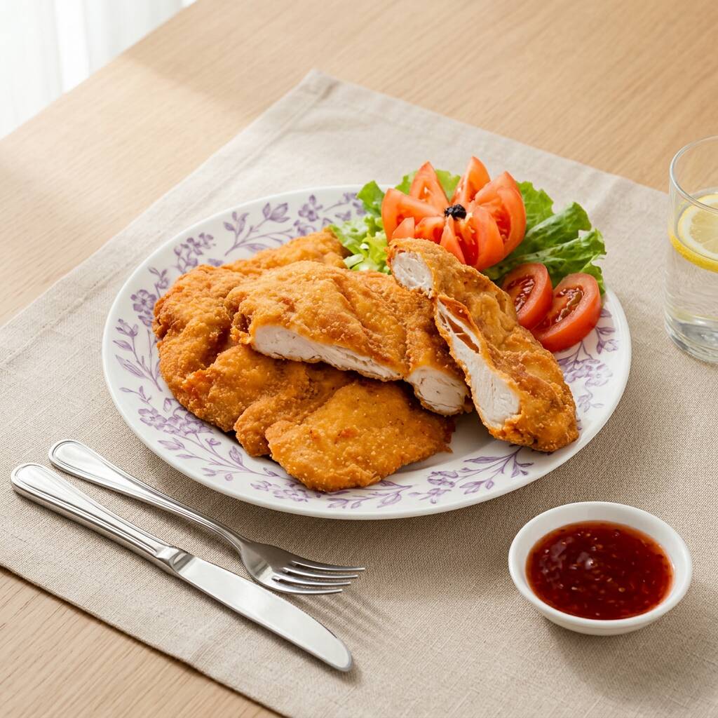 Frango Empanado a milanesa, arroz e farofa.