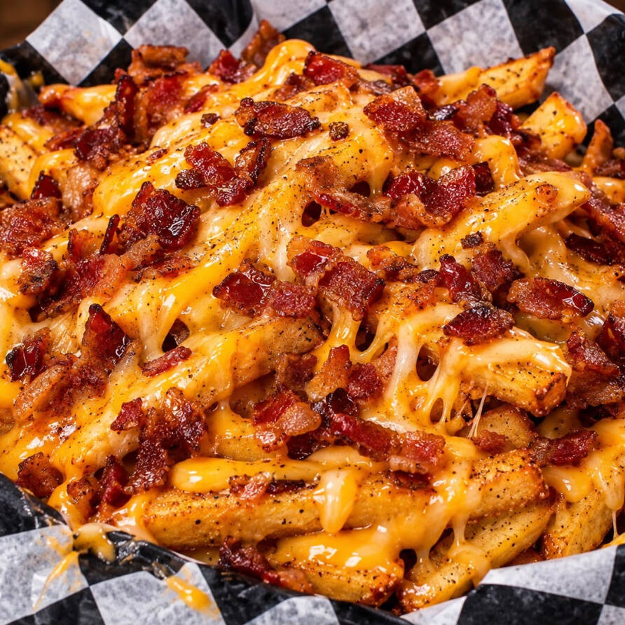 Papas con queso cheddar y tocino
