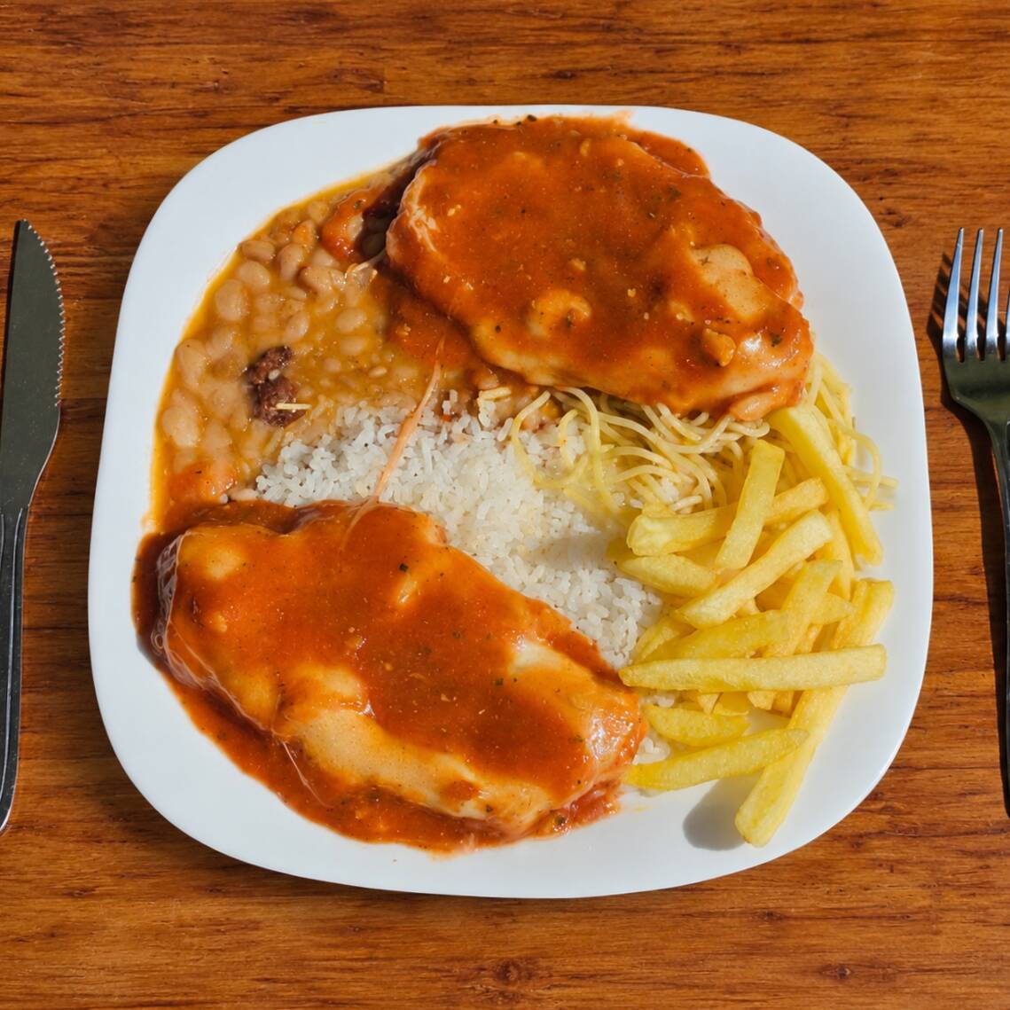Frango à milanesa com molho de tomate da casa e mussarela. Acompanha arroz branco e batata frita.