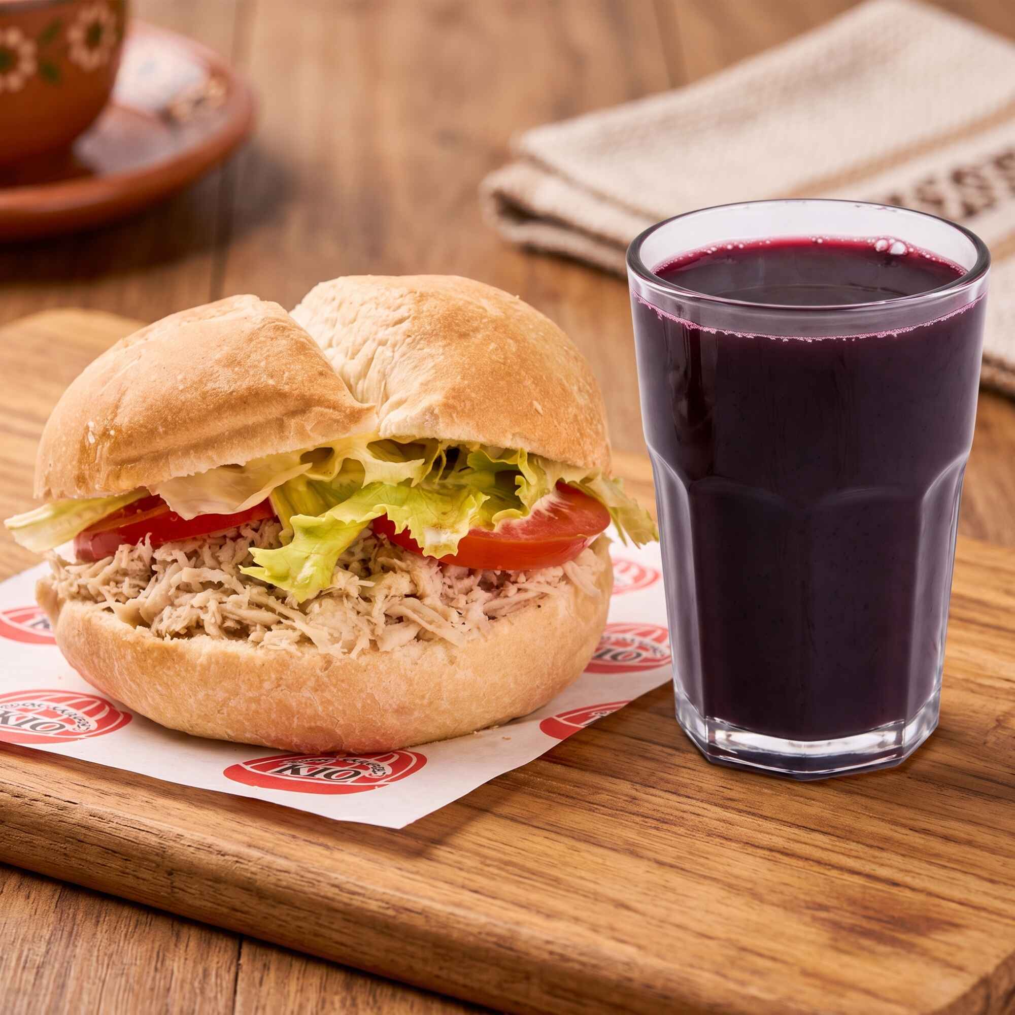 Pan con pollo deshilachado y chicha