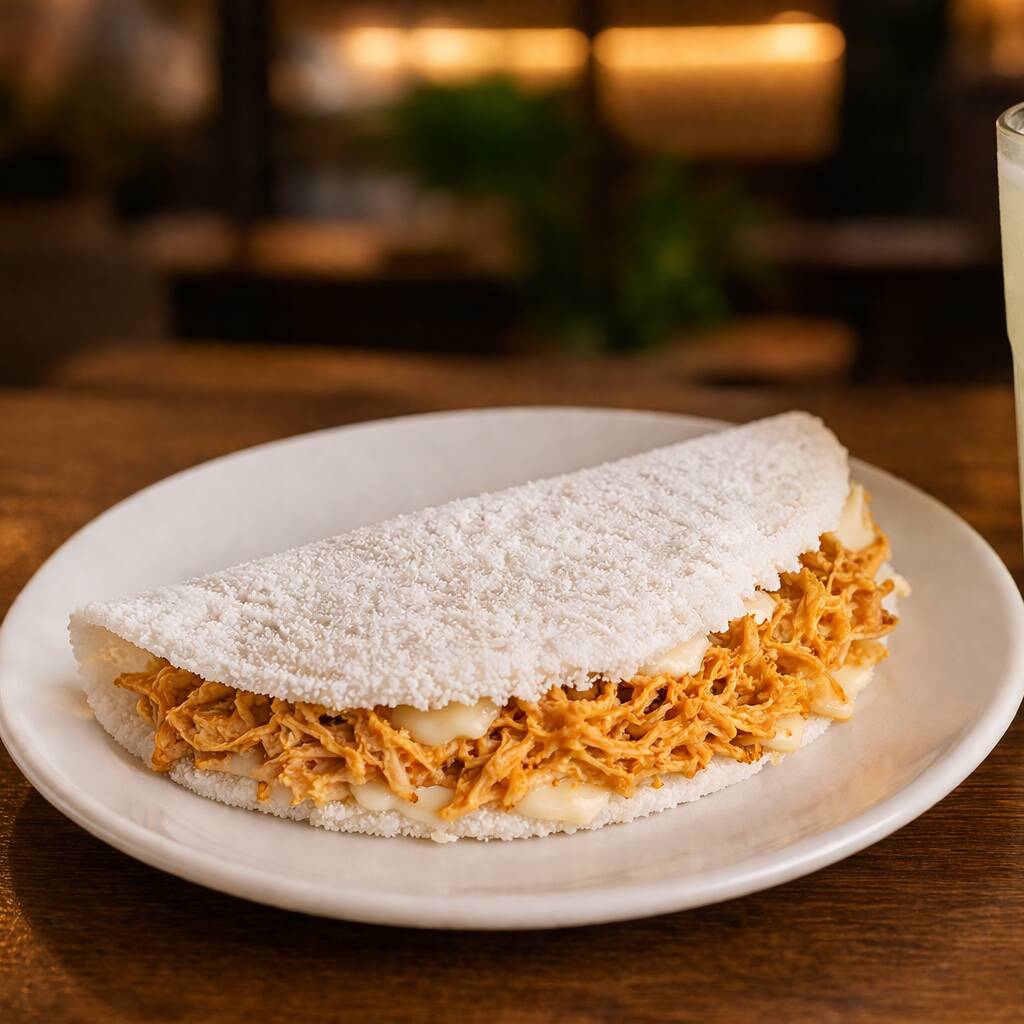 Deliciosa tapioca recheada com frango bem temperado com requeijão.
