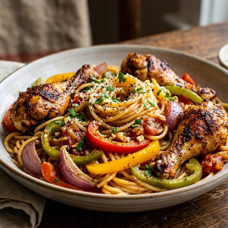 Espaguete ao alho e óleo, com drumete refogado com tomates, cebola e Pimentões. Temperos especial da casa