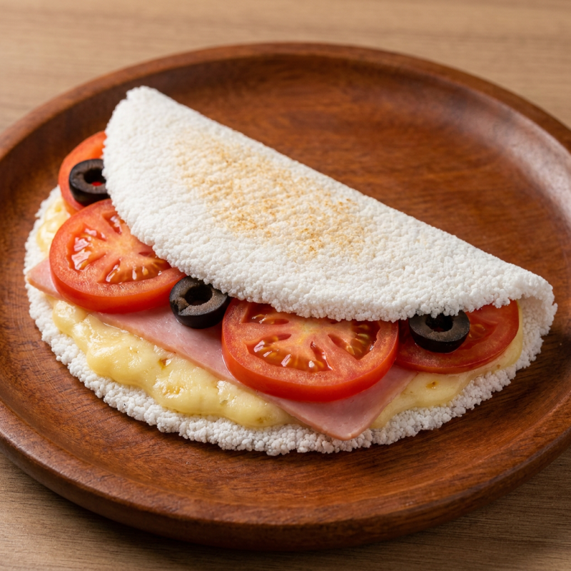 Em uma fusão irresistível nossa tapioca de pizza traz uma massa leve e macia, recheada com uma combinação suculenta de queijo derretido, presunto finamente triturado, fatias frescas de tomate, e azeitonas finalizada com um toque aromático de orégano. Uma escolha perfeita para quem busca praticidade sem abrir mão do sabor. Imagem meramente ilustrativa