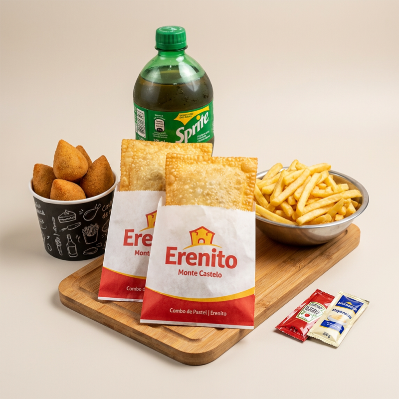 Acompanha 2 Pastéis Comuns Suculentos, 1 Batata Frita Simples Crocantes, 1 refrigerante 600ml e 1 Porção de Salgados !
