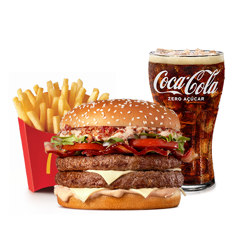 Composto por dois hambúrgueres de carne 100% bovina, o icônico molho tasty, uma combinação especial de bacon crispy e fatias de Bacon, queijo processado sabor emental, tomate, alface, cebola, tudo isso no pão com gergelim, acompanhamento e bebida.