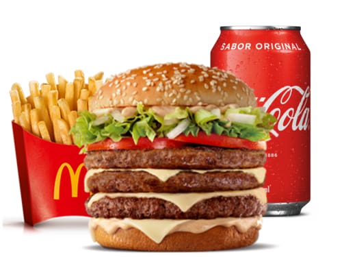 Composto por três hambúrgueres de carne 100% bovina, o icônico molho tasty, queijo processado sabor emental, tomate, alface, cebola, tudo isso no pão com gergelim, acompanhamento e bebida