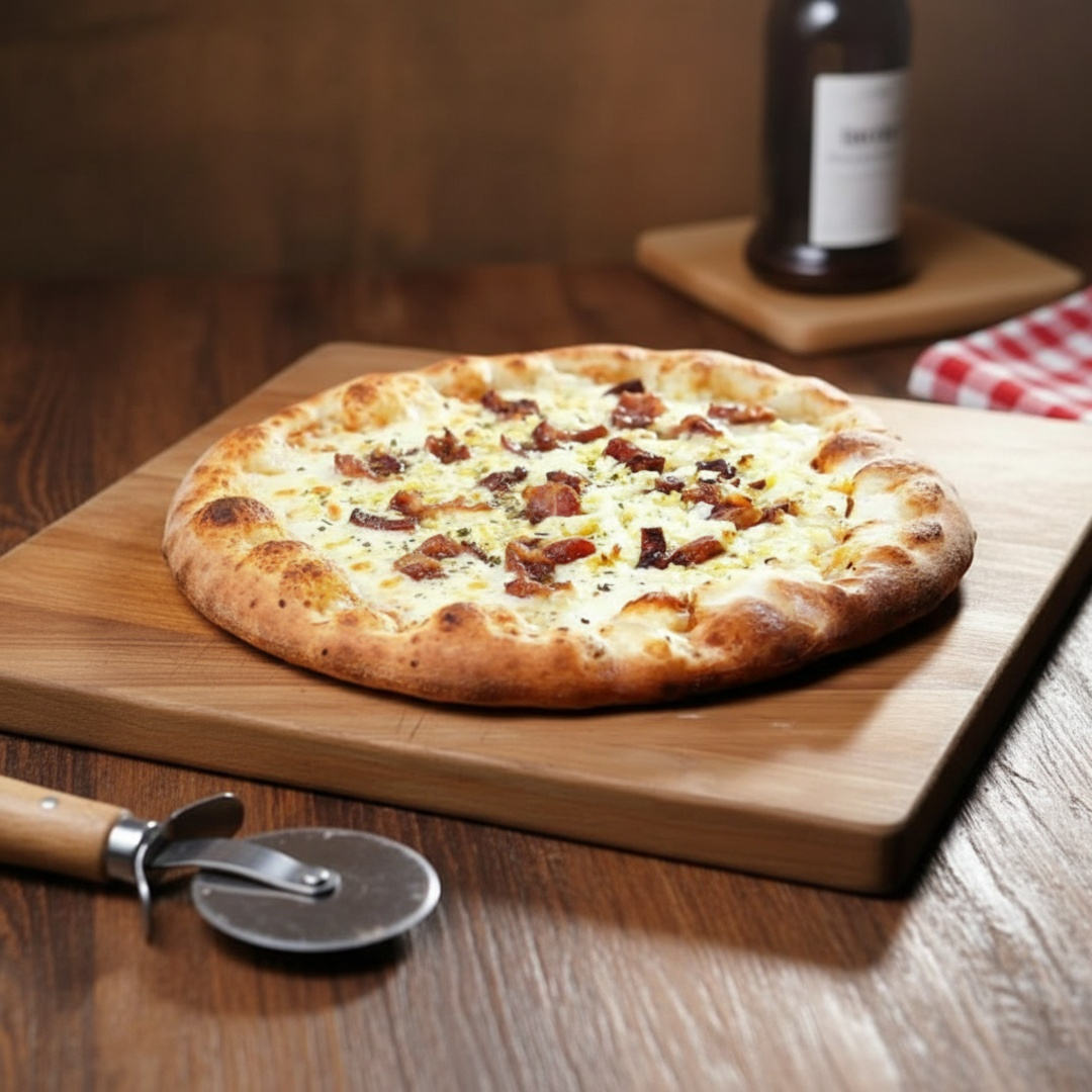 Melhor opção para os Amantes de Queijo Mussarela e Bacon! Feita com massa artesanal fresca e aberta na hora! Sugerimos acrescentar Borda Recheada, sua Pizza ficará ainda mais Gostosa! **Serve bem até 4 pessoas.