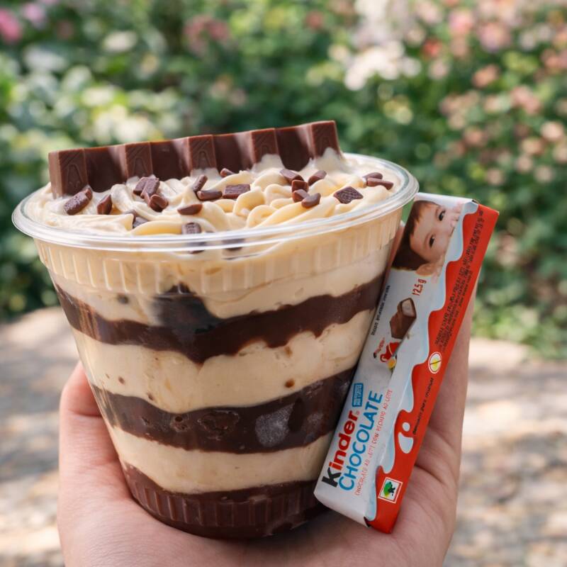 Camadas de brigadeiro branco cremoso, brigadeiro 50% e pedaços de Kinder, finalizado com chocolate por cima. Um copo super recheado e irresistível.