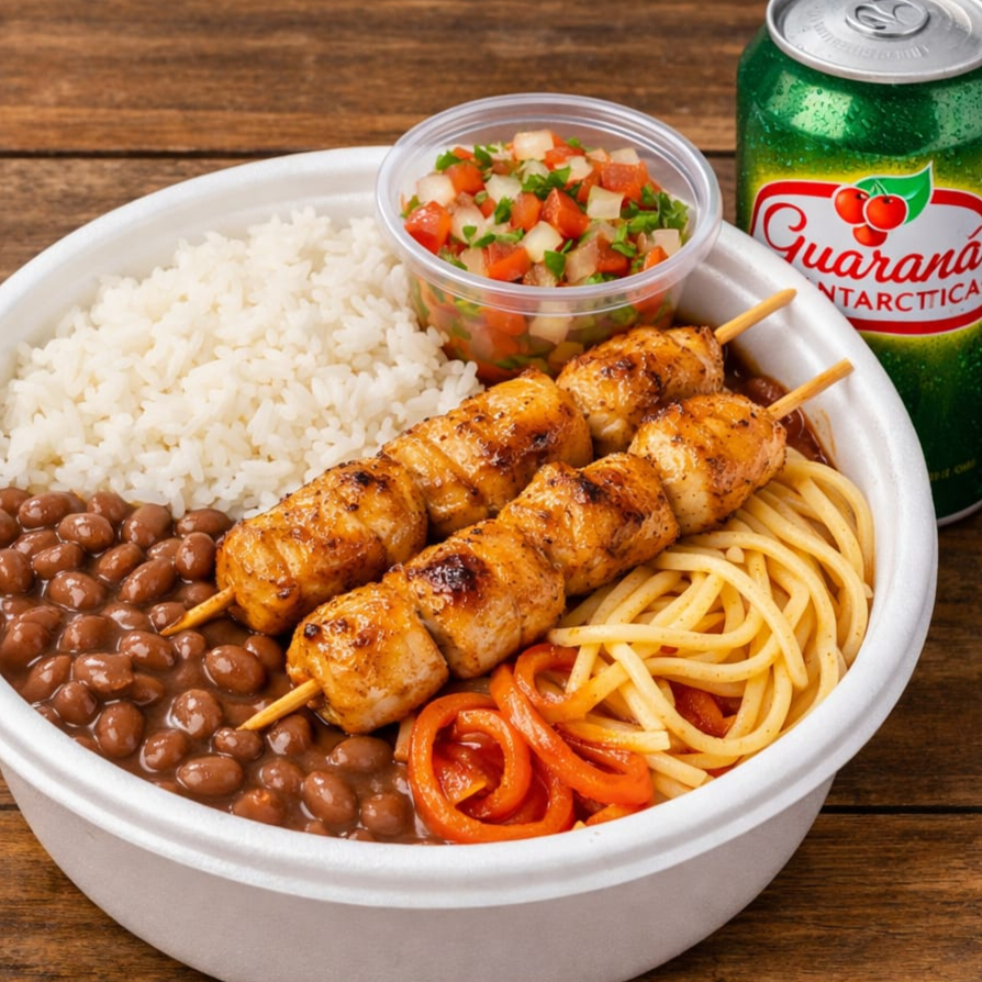 Arroz, feijão, farofa, legumes, macarrão alho e óleo. Essa dá pra ganhar