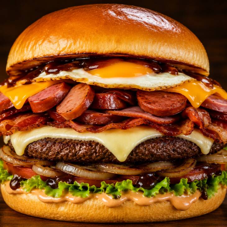Pão amanteigado, hambúguer 120g, cebola na chapa, salada, molho especial , queijo mussarela, bacon, presunto, calabresa, salsicha, cheddar, ovo e barbecue.
