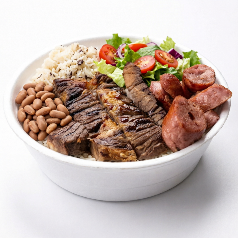 Carne na Chapa e linguiça frita . Acompanha : Arroz que pode ser branco ou temperado ,feijão de caldo ou feijão preto, salda crua ou cozida( pode ir alface , tomate , repolho , pepino , abobrinha , chuchu , quiabo, bereinjela) Obs: macarrão pode ir como cortesia não obrigatório. Marmita individual , redonda serve 1 pessoa , Aprox 400g.