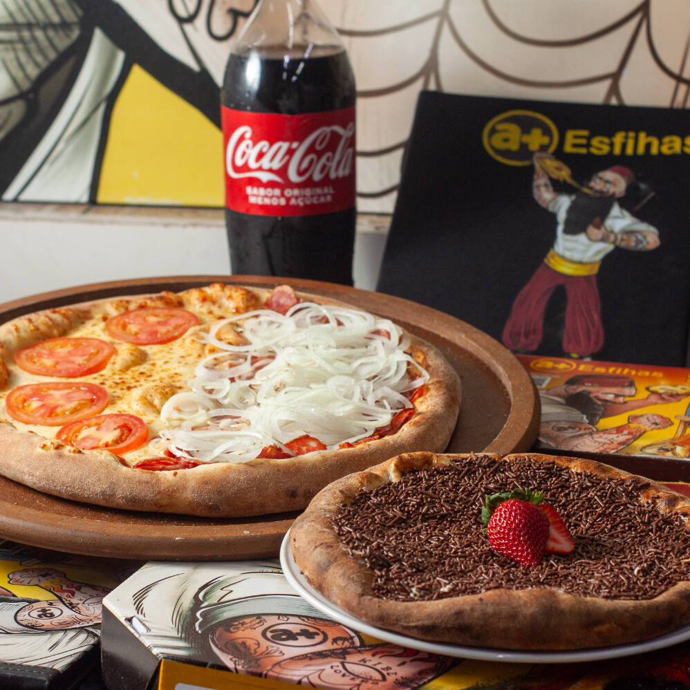 1 pizza Metade calabresa, metade muçarela + refri 2 + Broto Brigadeiro