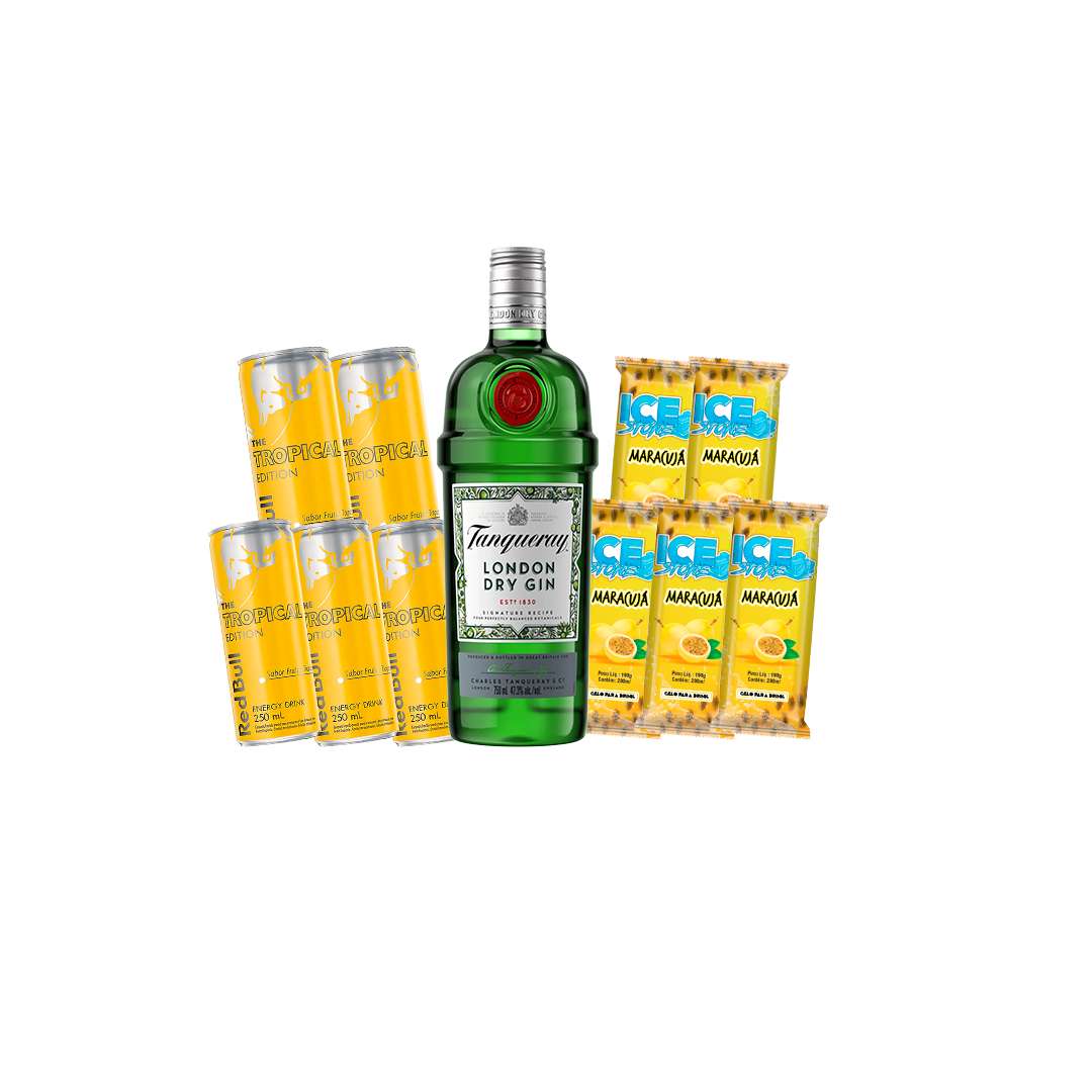 1 GIN TANQUERAY LONDON / 5 RED BULL TROPICAL / 5 ICE STONE MARACUJA