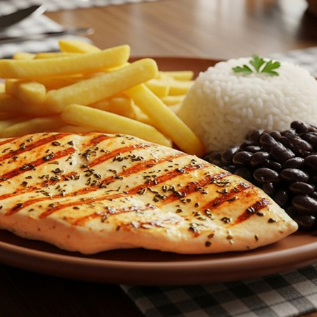 Seduzindo os paladares mais exigentes, apresentamos o nosso 'Filé de Frango com Fritas', um dos nossos pratos mais vendidos. Cuidadosamente selecionado, nosso filé de frango é generosamente temperado, promovendo um sabor inigualável. Acompanha um deliciosamente bem temperado arroz e um feijão que transborda sabor e aconchego. Para completar, nossa batata frita irresistivelmente crocante. Um prato