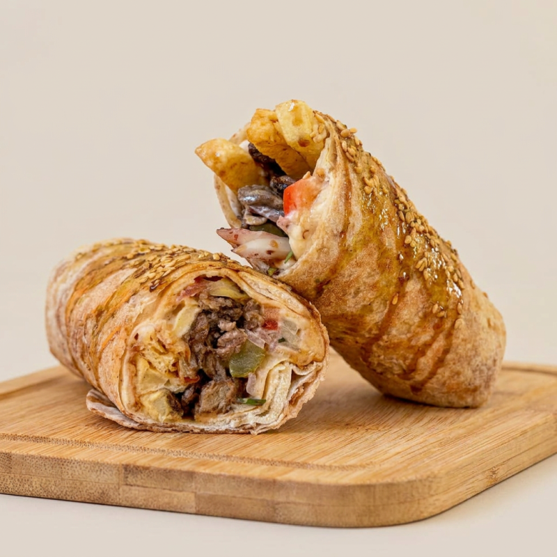 pão árabe, carne bovina, tomate, cebola, picles, batata frita, creme de alho