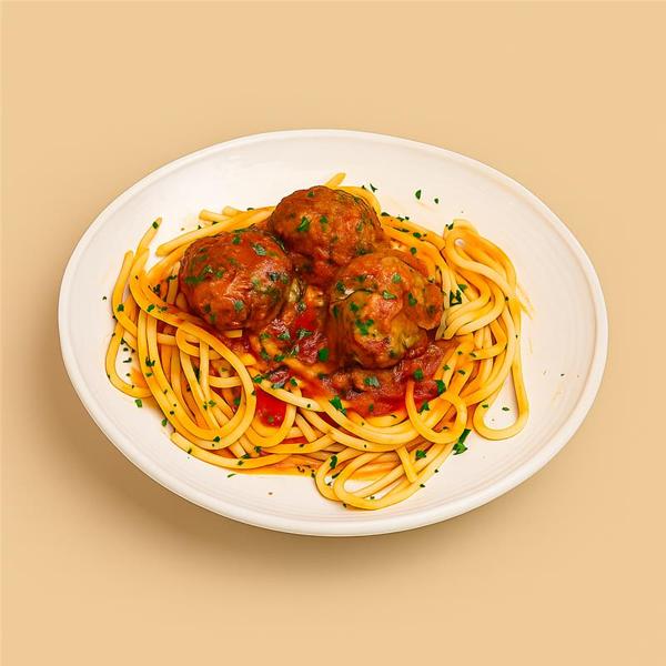Bucatini com três almôndegas artesanais de carnes bovina e suína, temperadas com ervas e parmesão, ao molho pomodoro.