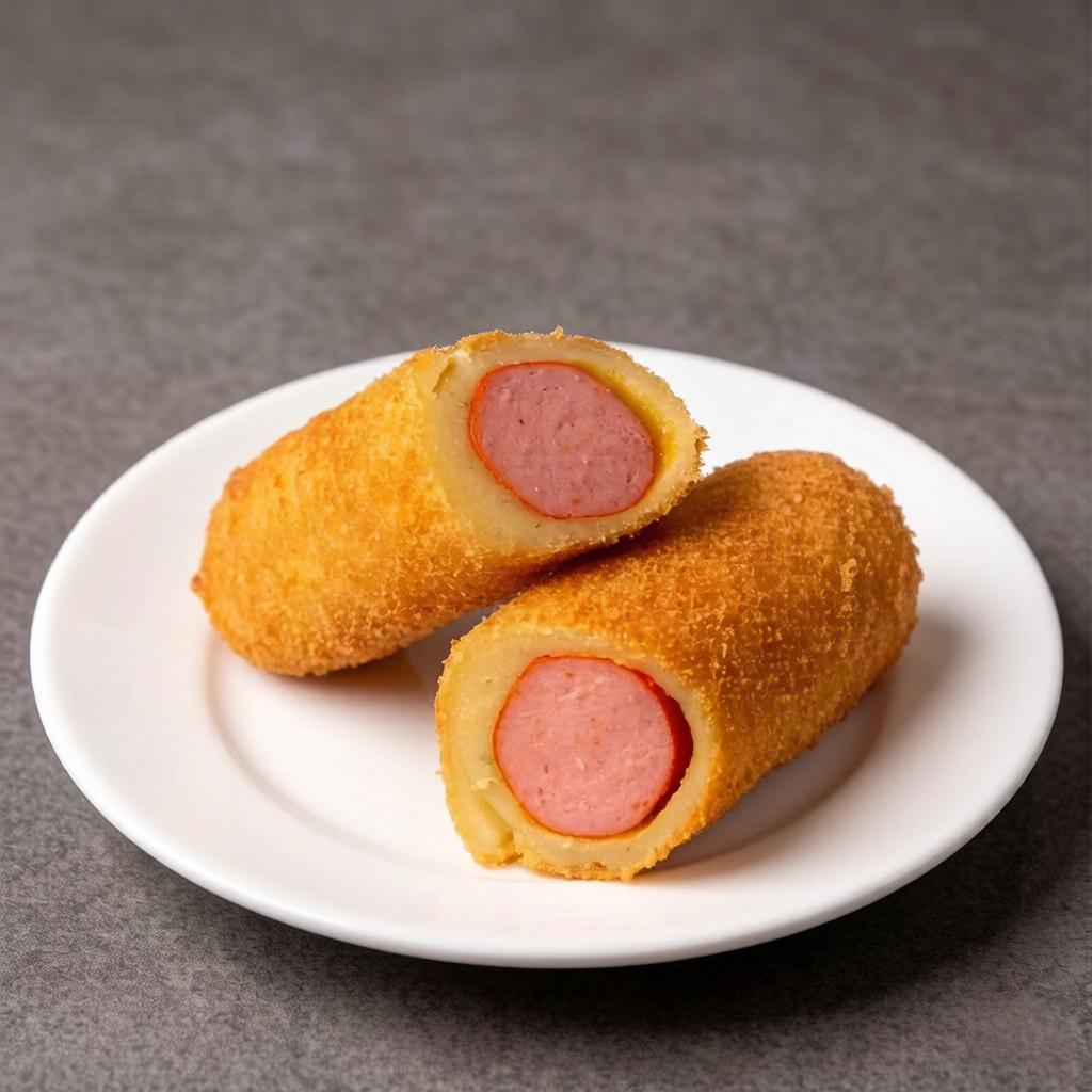 Salgado frito a base de trigo recheado com uma salsicha completa.