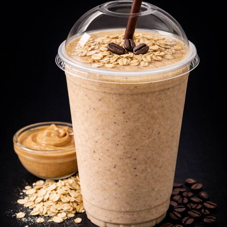 Smoothie cremoso de café gelado batido com pasta de amendoim e banana. Sabor intenso e nutritivo.