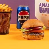 Pão Brioche , Carne 90 gramas, queijo cheddar, tomate, alface , cebola roxa e molho amassadinho + Pepsi lt 350ml + Batata Frita