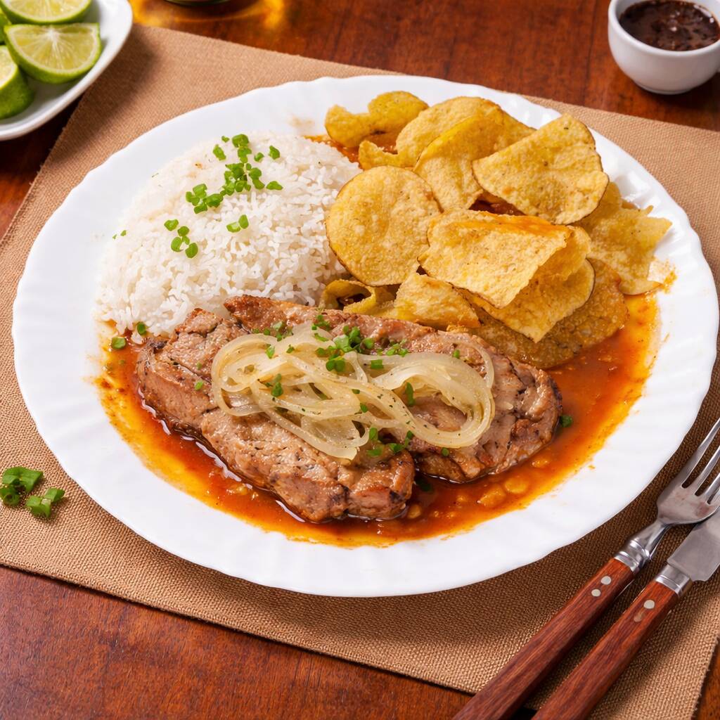 Arroz branquinho e soltinho, feijão carioca fresquinho e temperado, bife de pernil bem acebolado e temperado, salada fresca separadamente, acompanha batata frita caseira.