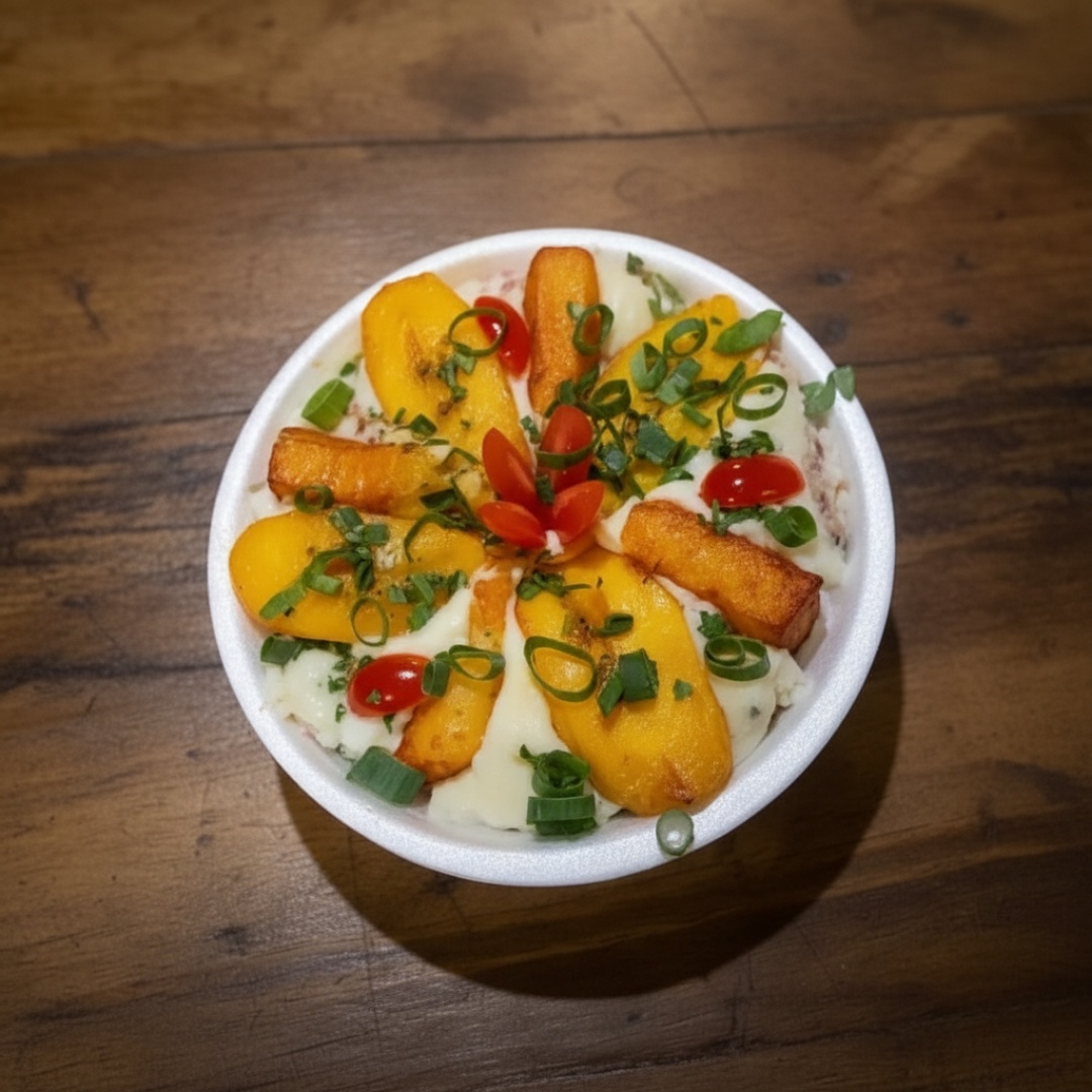 INDIVIDUAL | 400ML
Arroz, carne desfiada, mussarela, molho branco, queijo coalho, banana da terra, pimenta de cheiro e especiarias da casa.