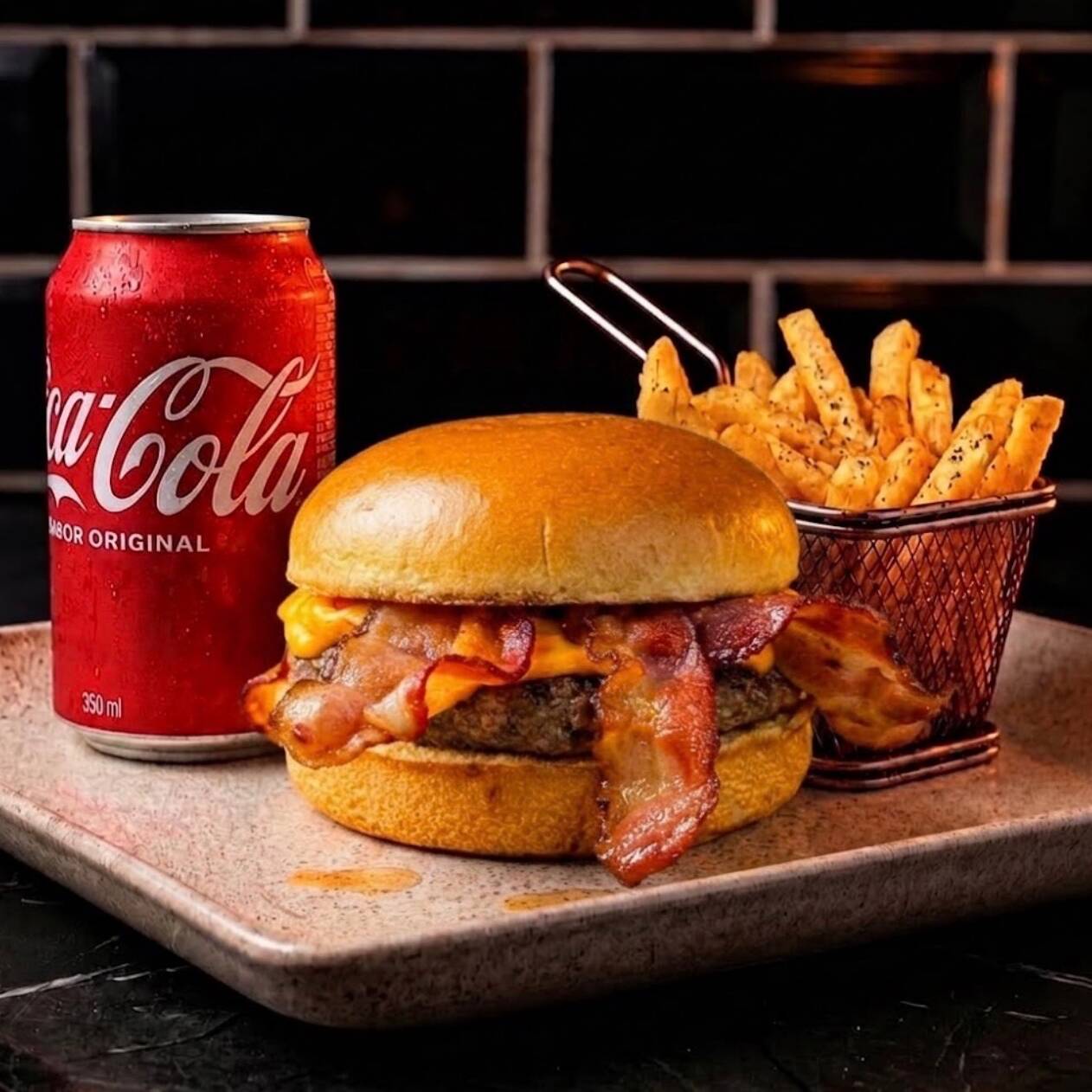 Um maravilhoso combo do magnifico Reo cheddar bacon. Composto por pão de brioche premium, 1 blend de 120g, cheddar cremoso delicioso, cebola caramelizada espetacular que dá uma explosão de sabores e bacon fatiado + batata + bebida