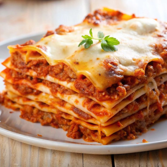 Lasanha à bolonhesa com molho 4 queijos e pomodoro.