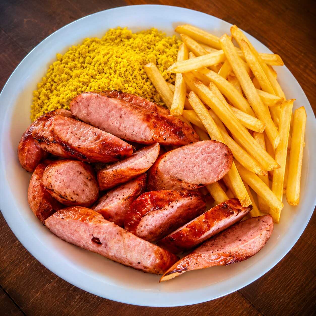 Linguiça Toscana arroz batata frita e farofa