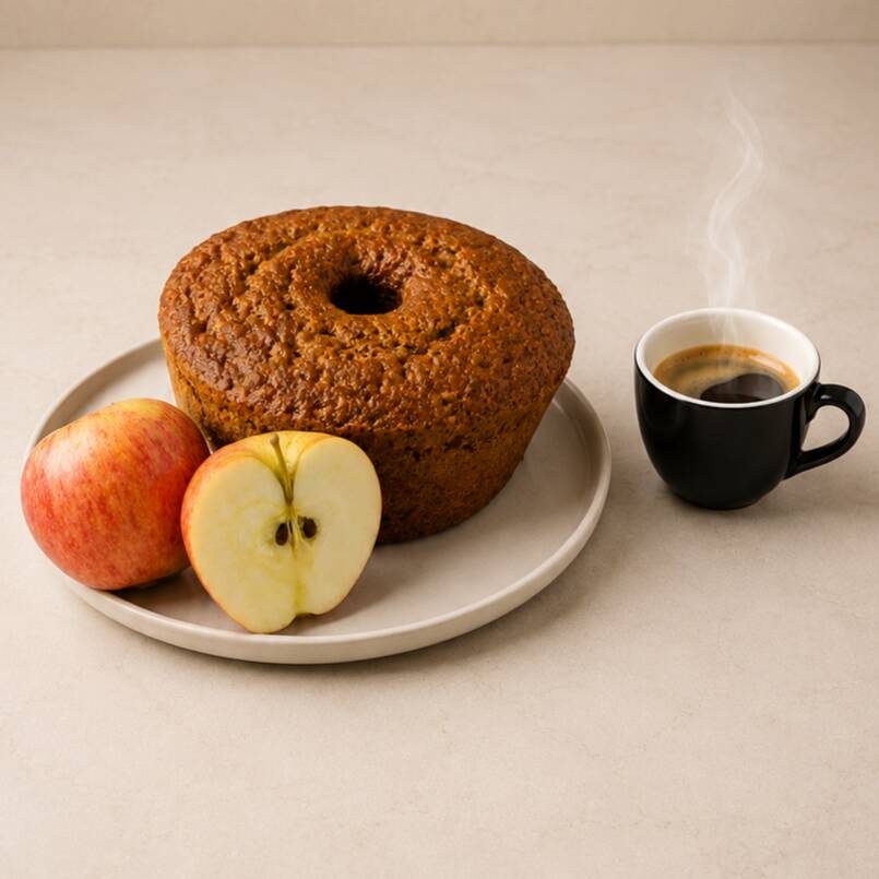Bolo de maça com um leve toque de canela, feito com a própria fruta. Tamanho médio aprox. 500gr, serve em média 8 a 12 fatias. Zero Lactose -contém vestígios