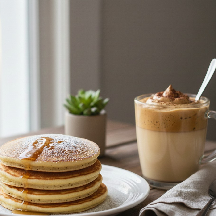 HOTCAKES TIPO AMERICANO CON CAFECITO FRIO