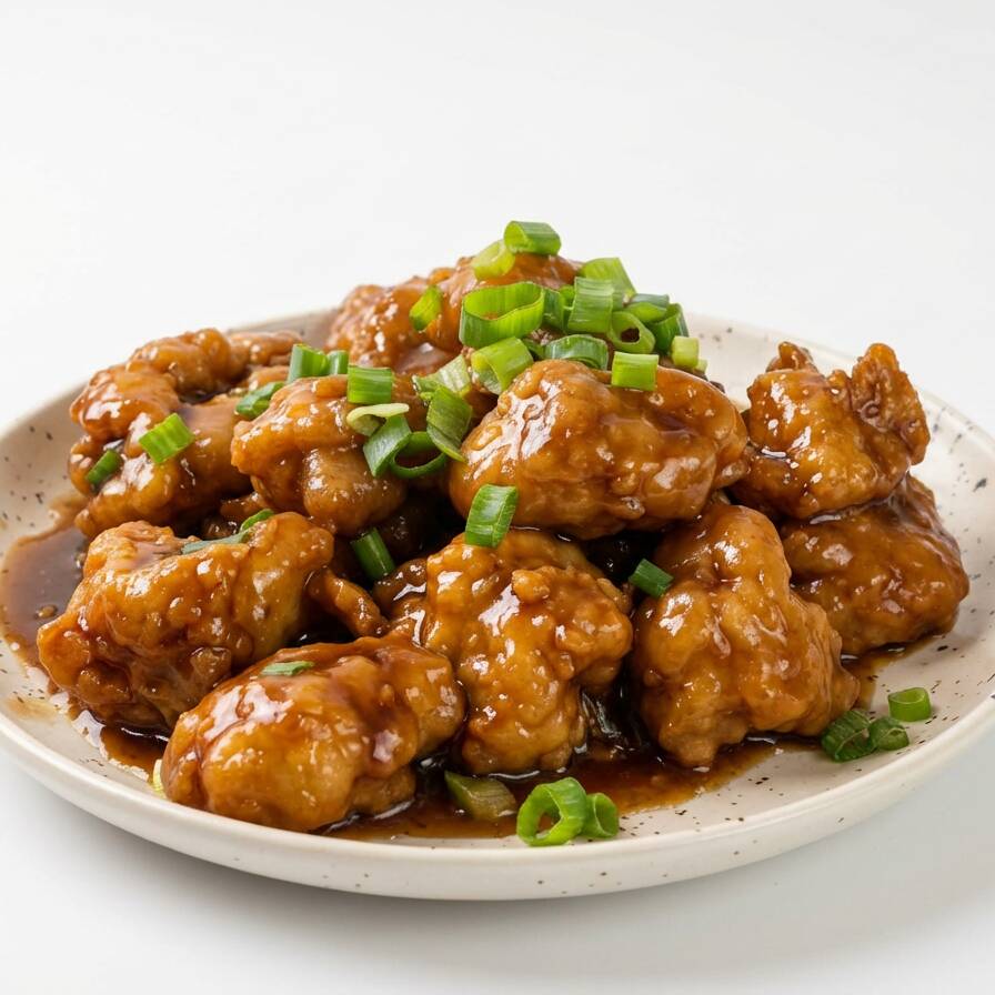 Coxa de frango sem osso temperada e frita ao molho de gengibre