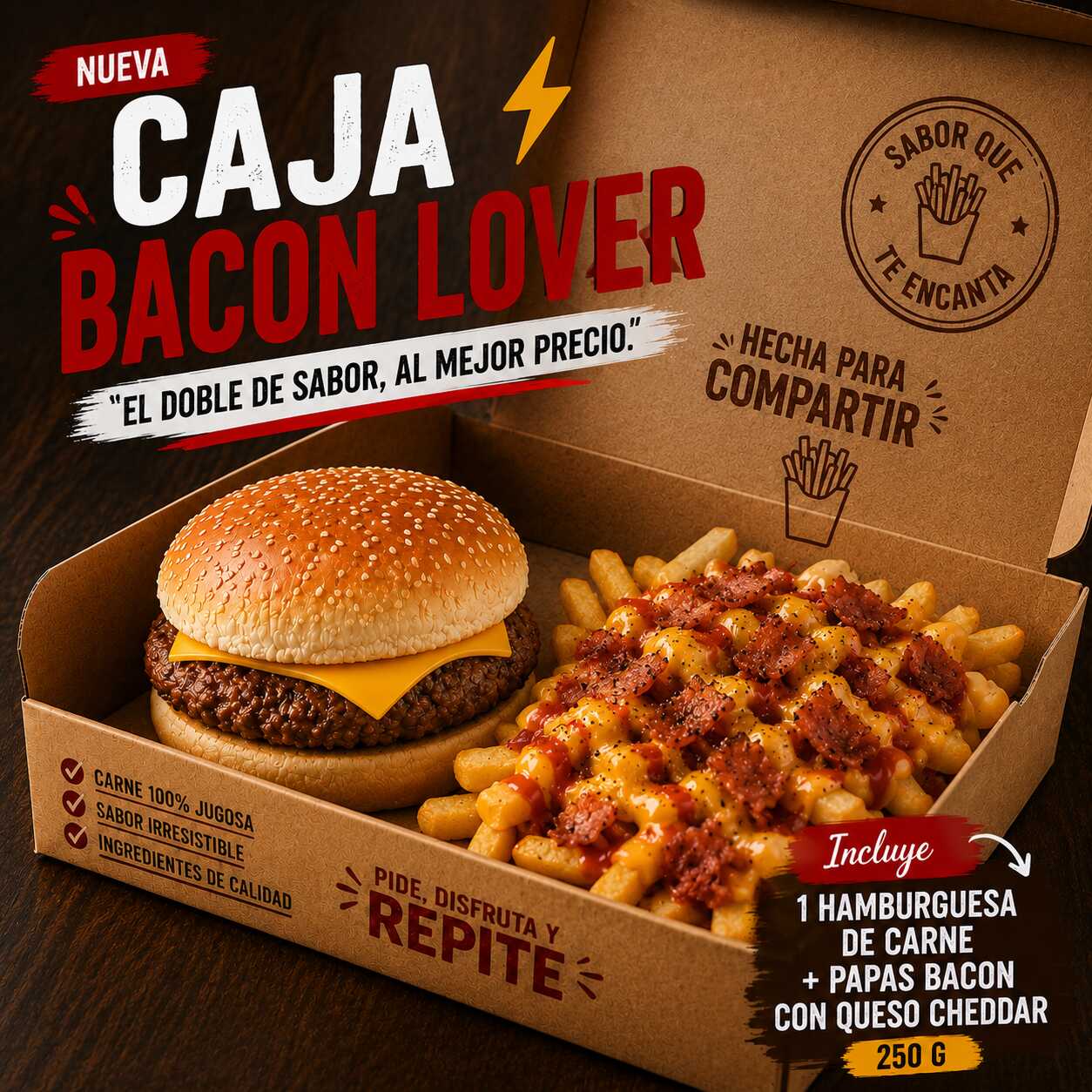 Caja Bacon Lover (Hamburguesa de Queso Papas Che)