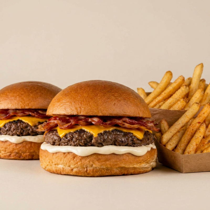 *ATENÇÃO! RECUSE PEDIDO VIOLADO, POIS NÃO REEMBOLSAREMOS!*
2 SMASH COM CARNE DE 80G, MAIONESE DA CASA, QUEIJO DERRETIDO E BACON ACOMPANHADOS DE 2 BATATA FRITAS