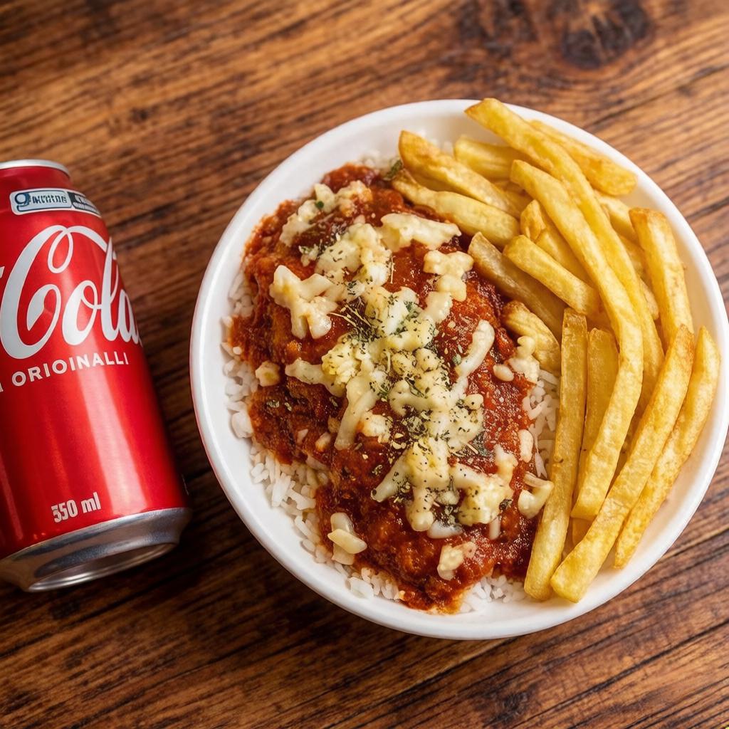 Saboreie o nosso 'Combo Perfeito', um conjunto supremo para alegrar seu Dia. O protagonista desse prato é um tenro filé de frango á parmegiana, cuidadosamente empanado e revestido com queijo derretido e um robusto molho de tomate temperado. Acompanhado com arroz branco leve e solto, e uma generosa porção de batata fritas, douradas ao ponto certo e crocantes. Para completar, uma Coca-Cola super gelada. Uma marmita que oferece conforto e prazer a cada garfada.