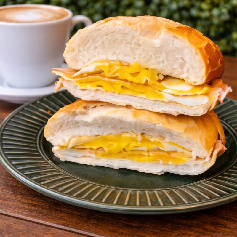 Pão francês com 2 ovos + café expresso com leite.