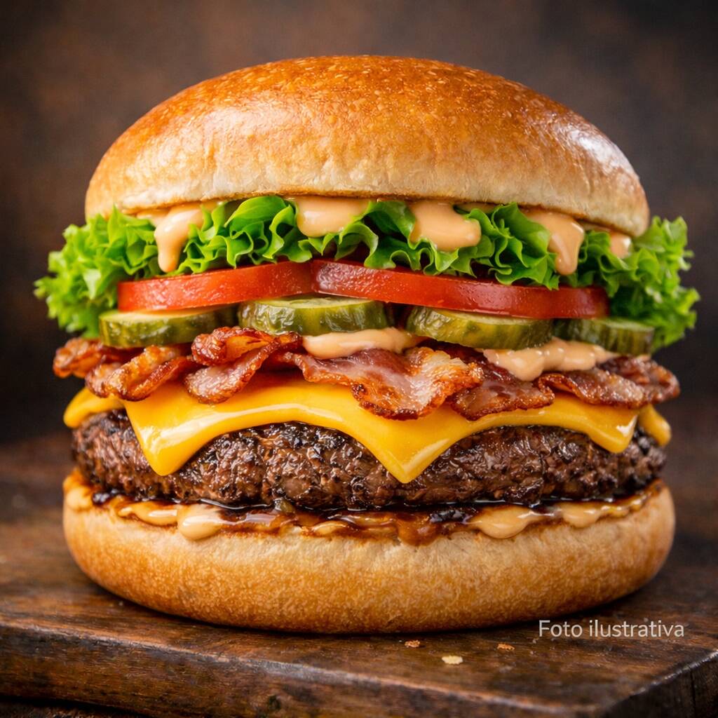 Pão, hambúrguer de picanha 140g, queijo cheddar, tiras de bacon, alface, tomate, picles e molho especial