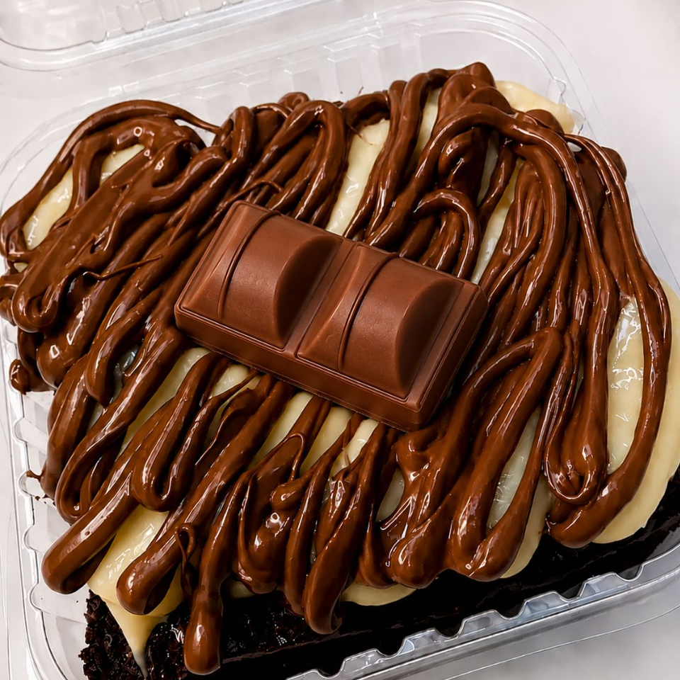 Fatia de brownie no pote com o recheio por cima.