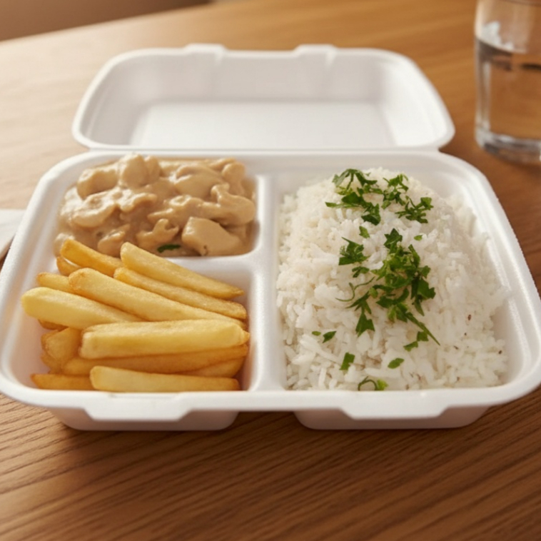 Arroz branco, batata frita strogonoff de frango (Marmita Redonda)