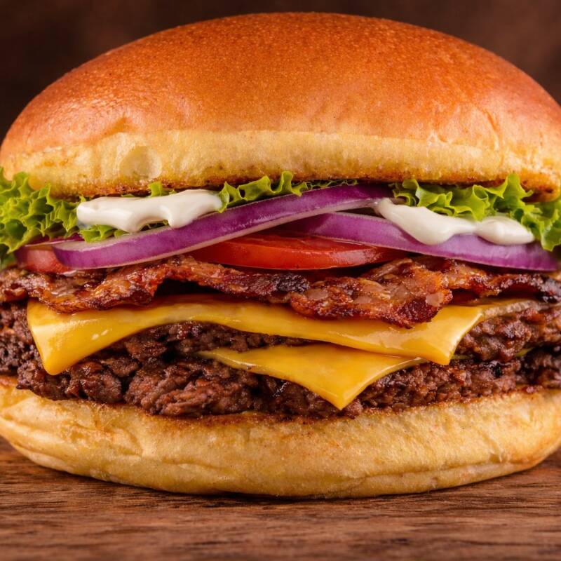 pão brioche, dois burger Smash 80g, queijo cheddar, bacon, alface, tomate, cebola roxa, maionese grill.