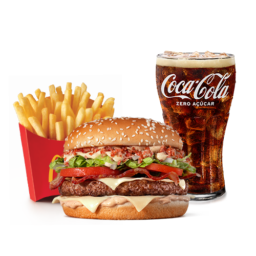 Composto por um hambúrguer de carne 100% bovina, o icônico molho tasty, uma combinação especial de bacon crispy e fatias de Bacon, queijo processado sabor emental, tomate, alface, cebola, tudo isso no pão com gergelim, acompanhamento e bebida