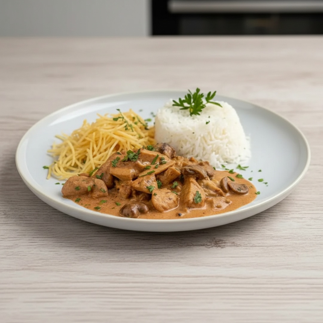 Frango macio com champignons no molho cremoso e bem temperado. Acompanha arroz branco soltinh , Feijão Delicioso e batata palha crocante. Irresistível!