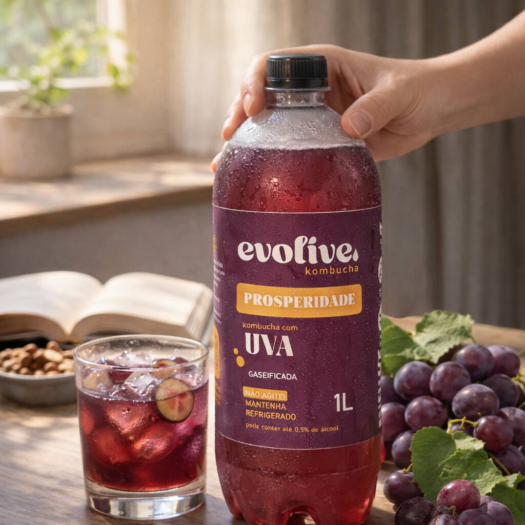 Kombucha Artesanal 1 Litro naturalmente fermentada, rica em probióticos e com leve gaseificação natural. Bebida funcional refrescante que auxilia no equilíbrio digestivo e substitui refrigerantes com muito mais qualidade. Produzida com ingredientes naturais e sem conservantes artificiais. Ideal para compartilhar ou manter na rotina diária. Peça mais de um sabor e aproveite!!