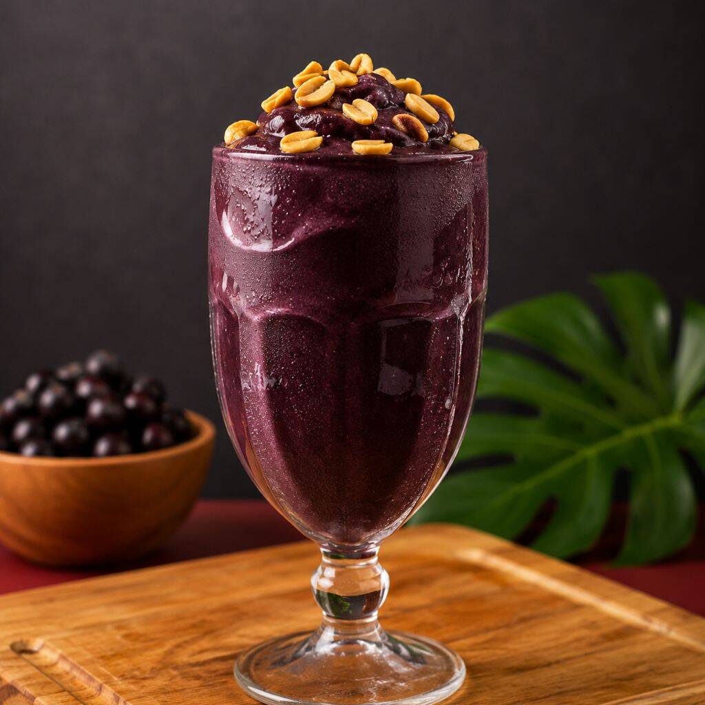 Açaí, guaraná em pó, amendoim, granola mixurada, xarope de guaraná.