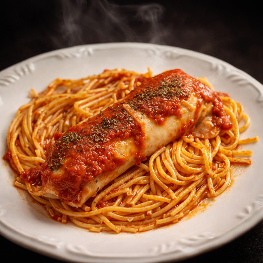 Marmita deliciosa com panqueca recheada de frango ao molho de tomate natural e espaguete sem glúten, perfeita para uma refeição prática e saborosa. Peso: 350g.